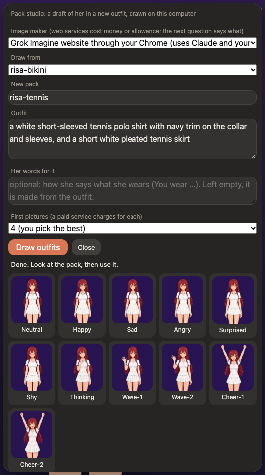 The pack studio: the image maker, the source pack, the outfit in words, and the finished set to review