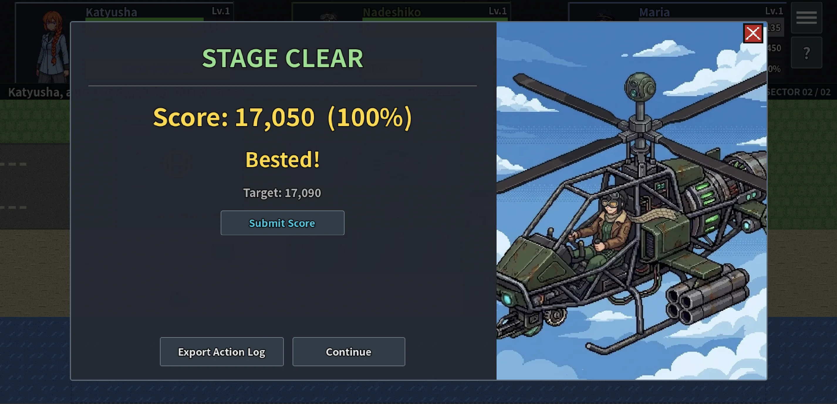 The Challenge Mode result screen after a cleared stage, showing the score, percentage of target, target score, and the Submit Score button that appears once bested.