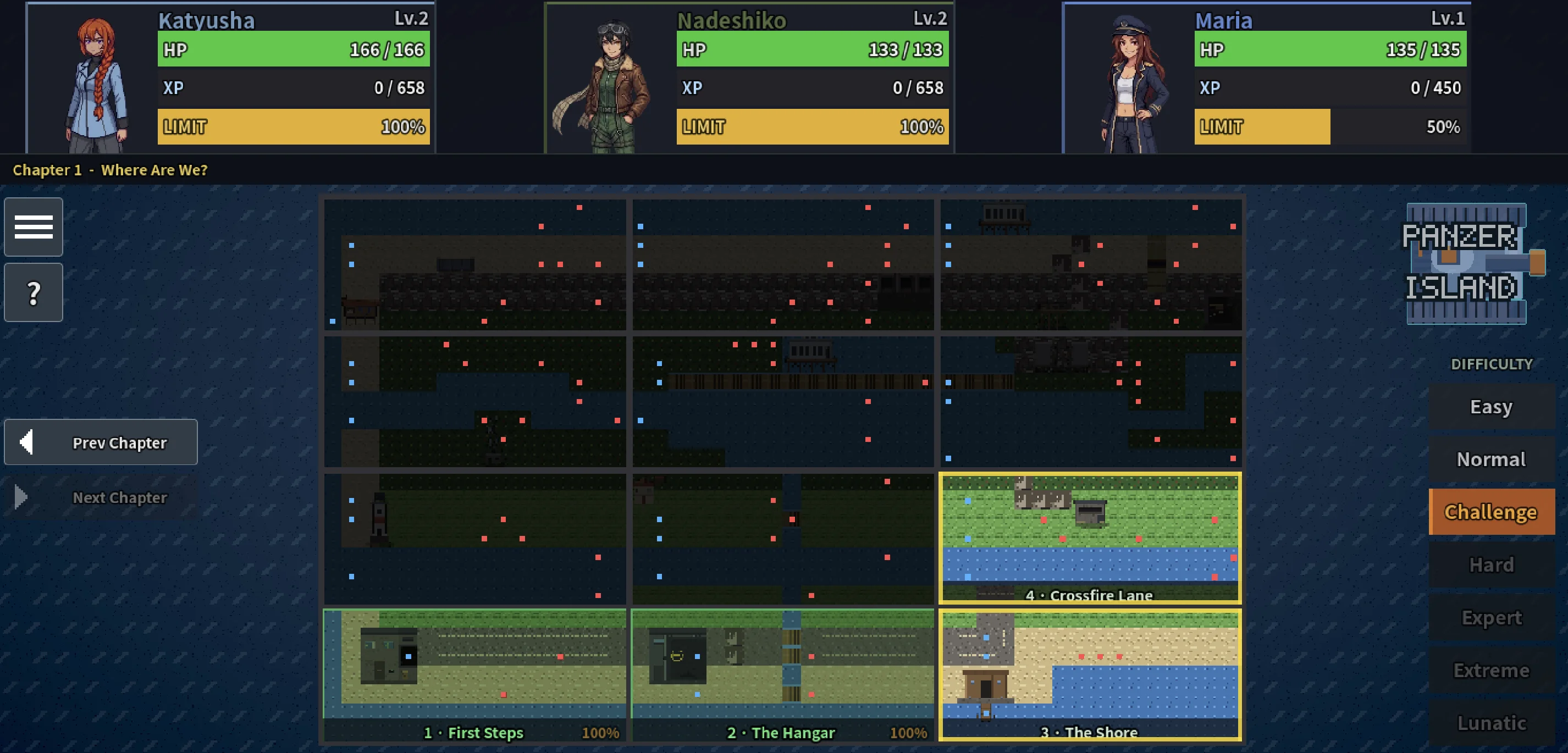 The world map with Challenge selected in the difficulty list. Cleared stages show a percentage badge in their corner.