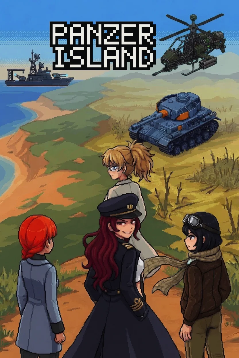 Panzer Island novel cover showing Katyusha, Erika, Maria, and Nadeshiko on a clifftop overlooking the island coastline