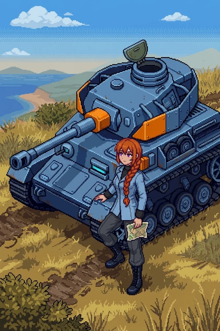 Katyusha standing beside her tank on the coastal hillside path heading north