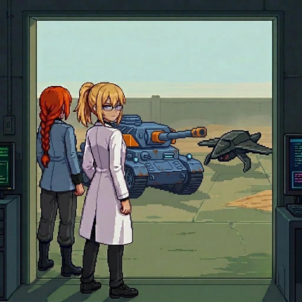 Erika and Katyusha standing inside the facility bay, looking out at the tank