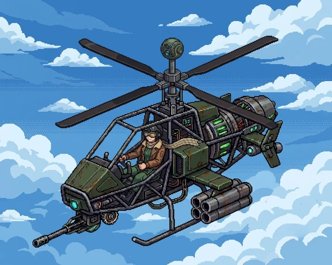 Nadeshiko airborne in her helicopter above the south coast hangar