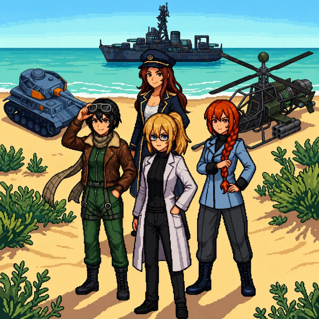 Erika, Katyusha, Nadeshiko, and Maria assembled on the south coast beach, their tank, warship, and helicopter behind them