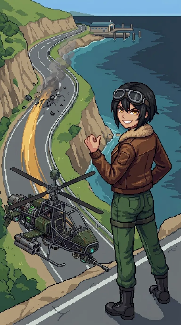 Nadeshiko standing on the cliff coast road beside her grounded helicopter, a drone contact burning on the road ahead, the harbor visible below