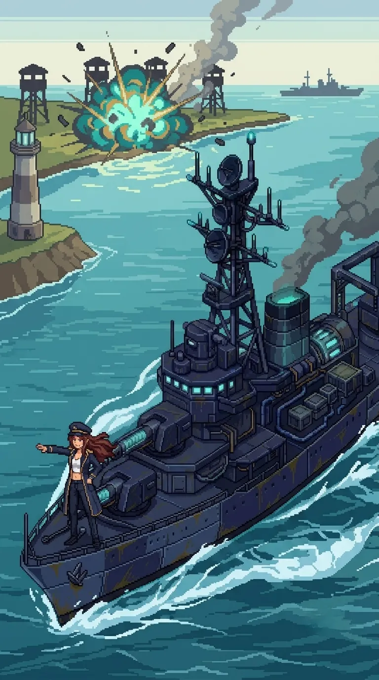 Maria on the bridge of her warship directing fire against coastal installations, lighthouse and watch towers under bombardment