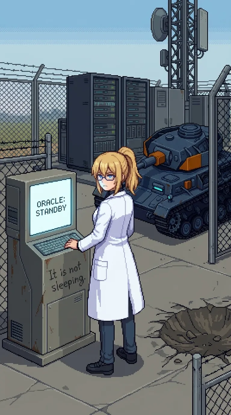 Erika at the outdoor Oracle access terminal reading ORACLE: STANDBY, graffiti reading "It is not sleeping" on the casing, Katyusha's tank behind her in the fenced relay compound