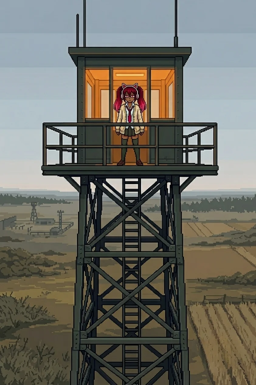 The team approaching the lit relay tower at night, Drona's silhouette visible at the top