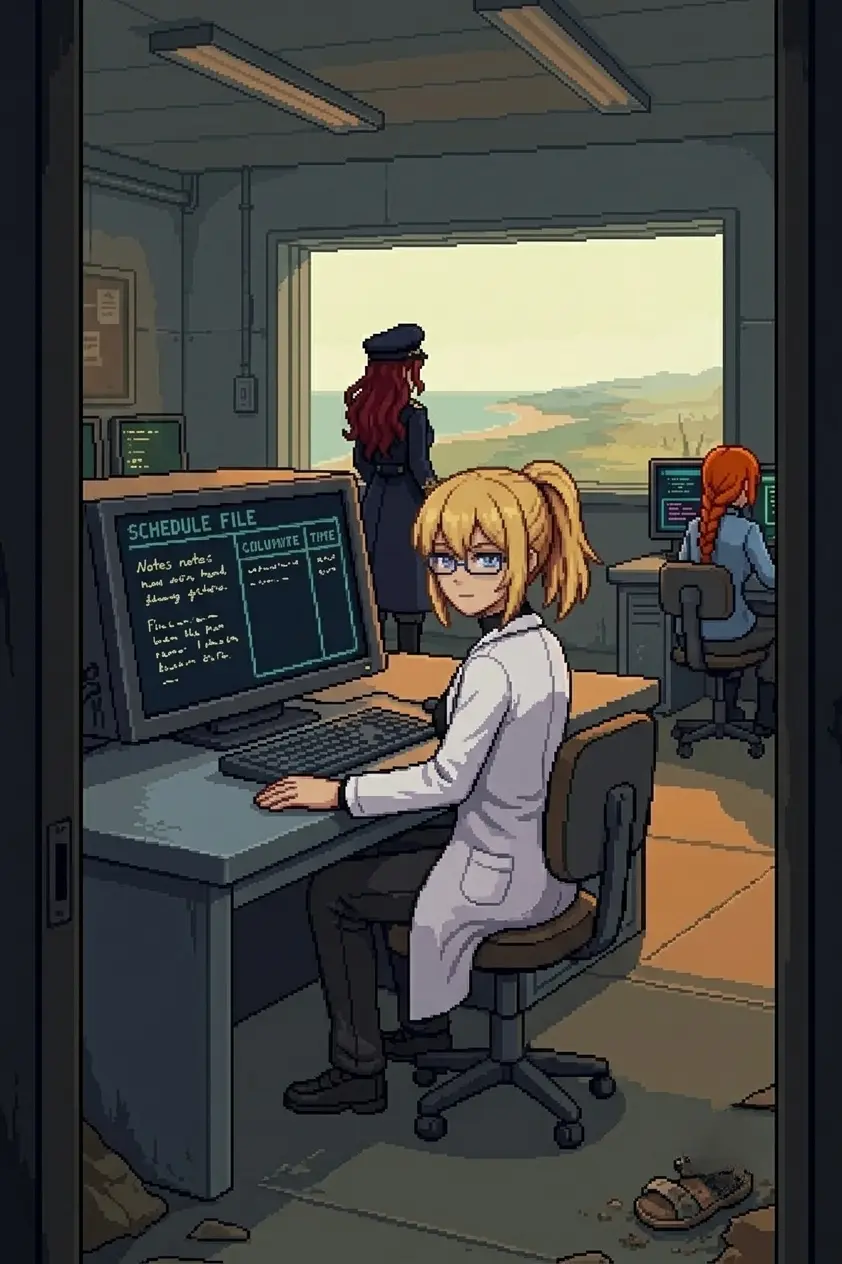 Erika at the east workstation terminal, her own handwriting visible on the screen, Maria at the north window, partial emergency lighting