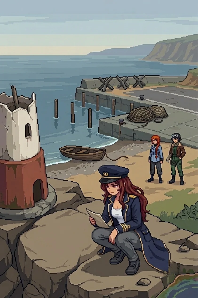 Maria crouching at the lighthouse rock to read the carved inscription, Erika and Nadeshiko standing at the memorial harbor, abandoned rowboat and dock posts in the background