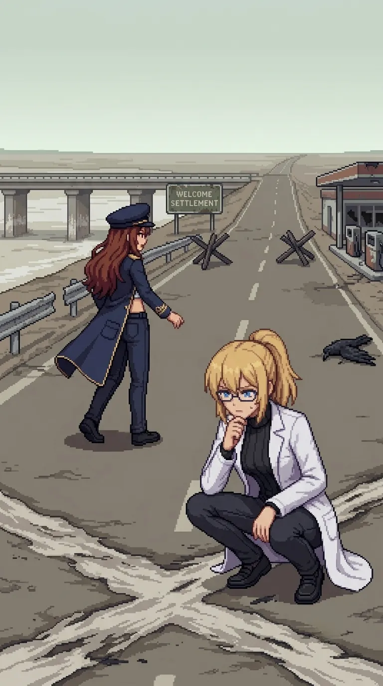 Erika crouching to read the road surface at the contaminated settlement approach, Maria standing watch behind her