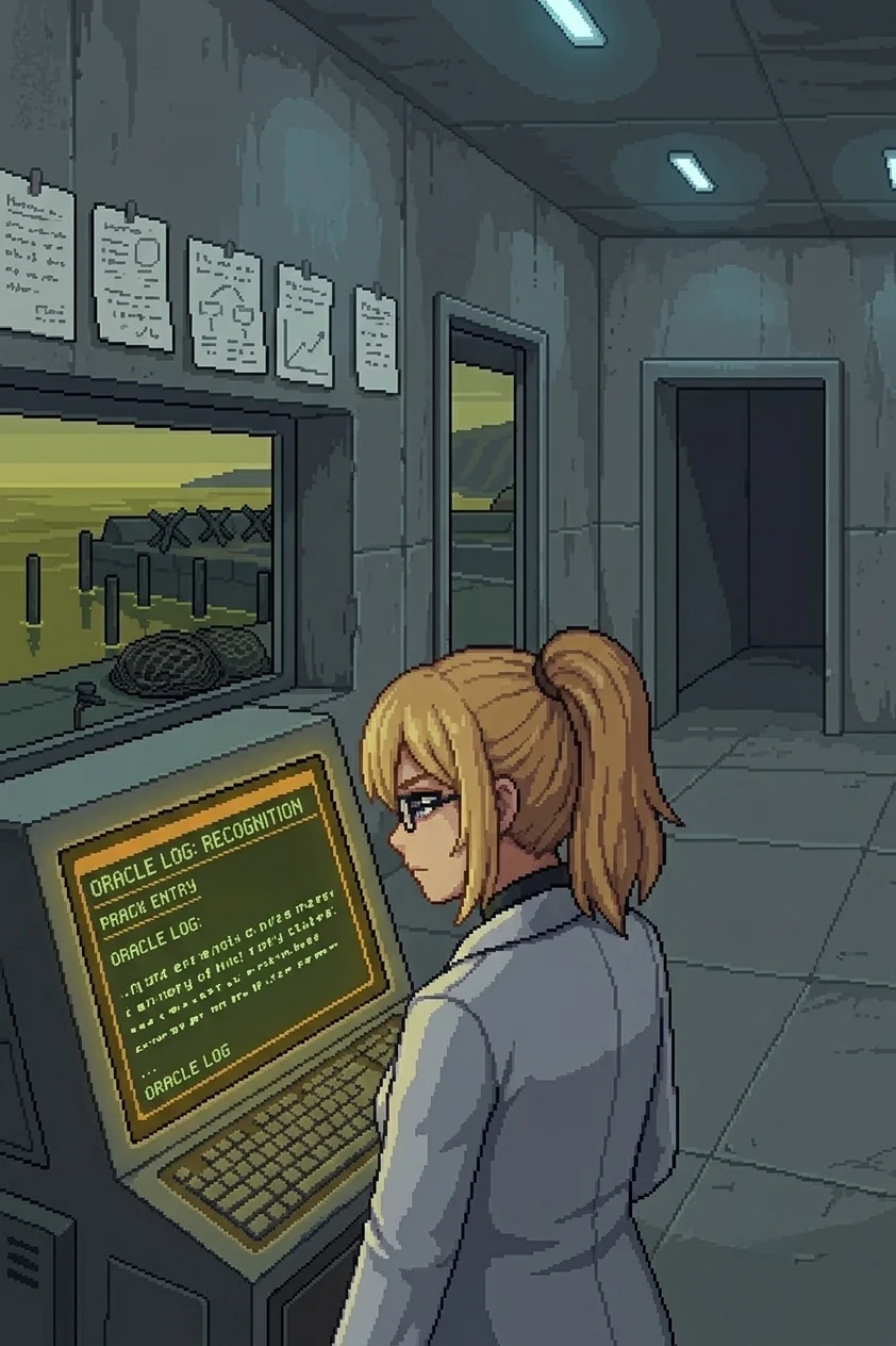 Erika standing at the outpost console, reading the Oracle terminal screen, research notes pinned to the wall above, the wrong-colored harbor visible through the window behind her