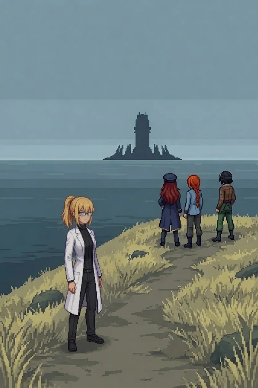 Erika and the team standing at the highest point of a coastal cliff path, all looking inland at a distant dark silhouette on the horizon under a cold grey-blue sky
