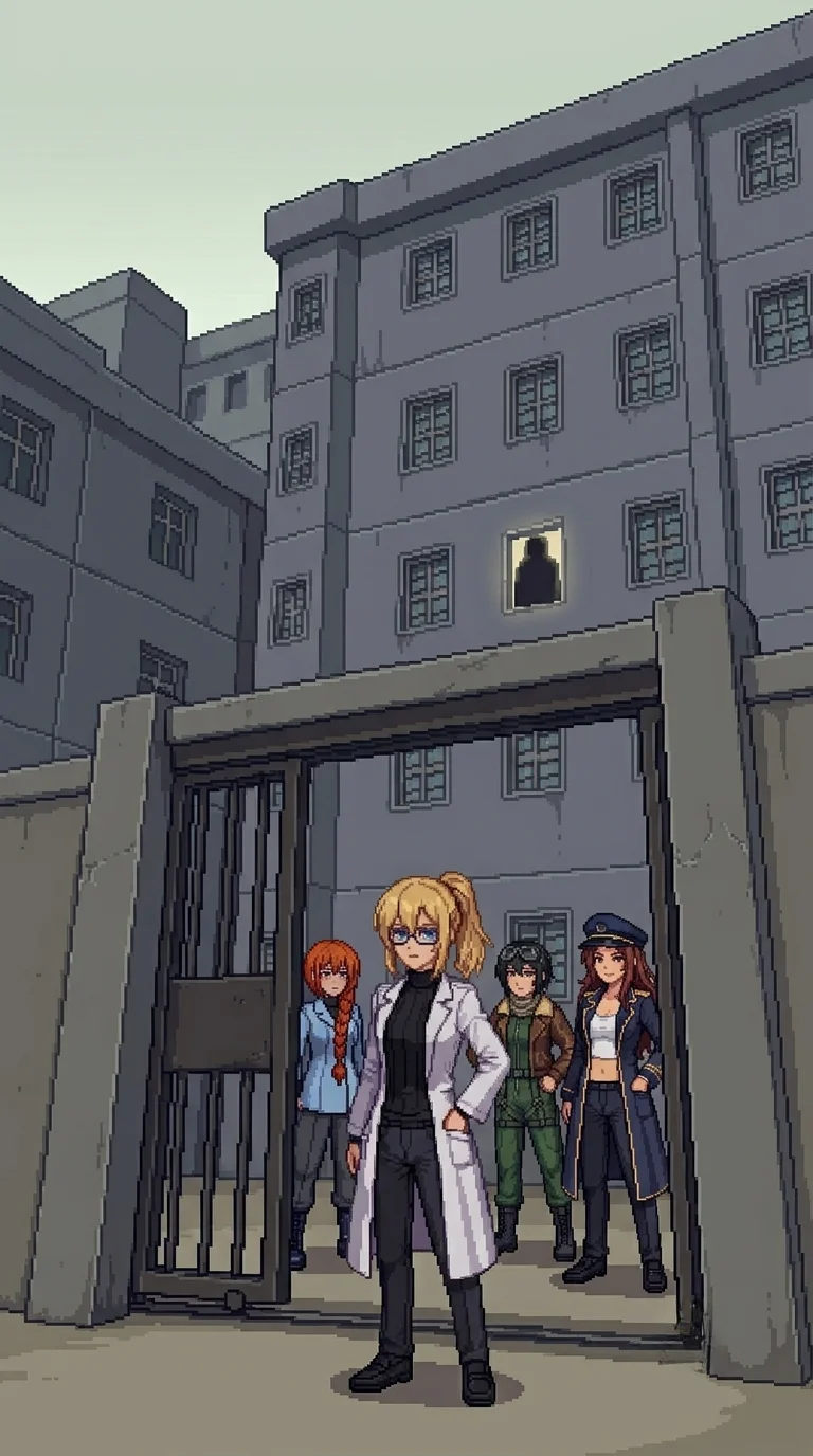 The team standing at the inner gate of the central installation, a silhouetted figure watching from a lit third-floor window above