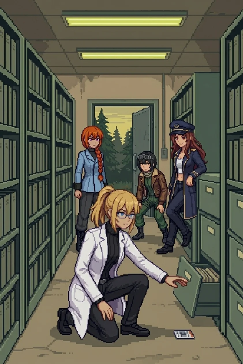 Erika kneeling in the archive aisle, reaching for a face-down staff ID card on the floor behind a shifted filing cabinet, the team standing guard in the shadows behind her