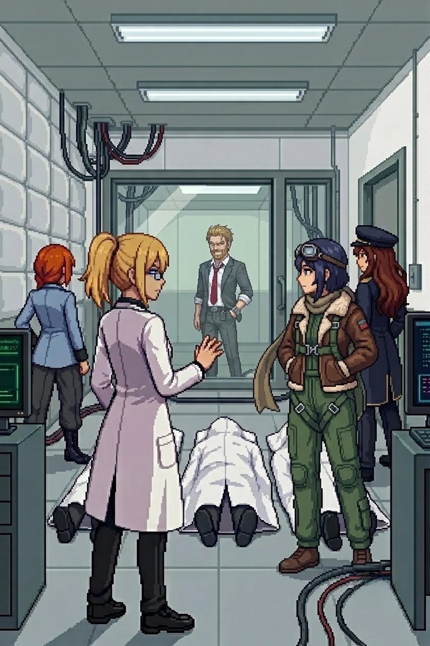 Erika facing a lit glass partition in an institutional inner room, three covered shapes on the floor between her and the glass, a thin man in a ravaged suit visible through the glass on the other side