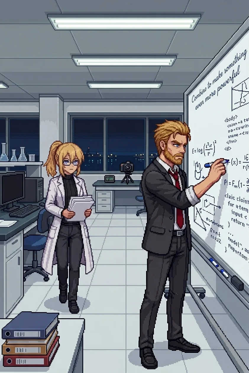 Wilhelm at a whiteboard covered in equations, Erika stepping toward him from the left, a camera on a desk in the background aimed at both of them