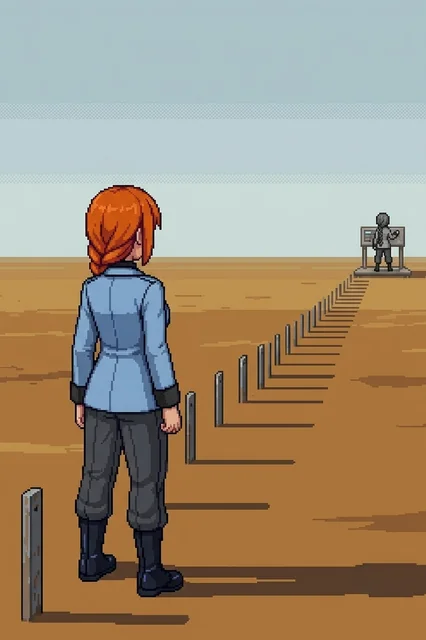 Katyusha stands at the edge of the firing range ahead of a long line of range markers, facing east across open ground toward a distant grayscale figure at the measurement platform