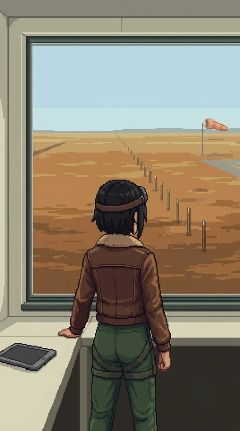 Nadeshiko stands at the control booth observation window, facing east across the empty flight range while her data pad lies face-down on the desk beside her
