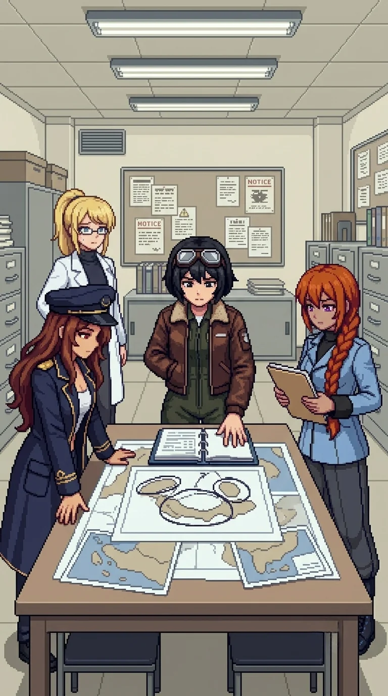Nadeshiko stands at the central table of the combined records interior, force-projection maps open before her, Maria beside her looking at the maps, and Erika in the background watching Nadeshiko