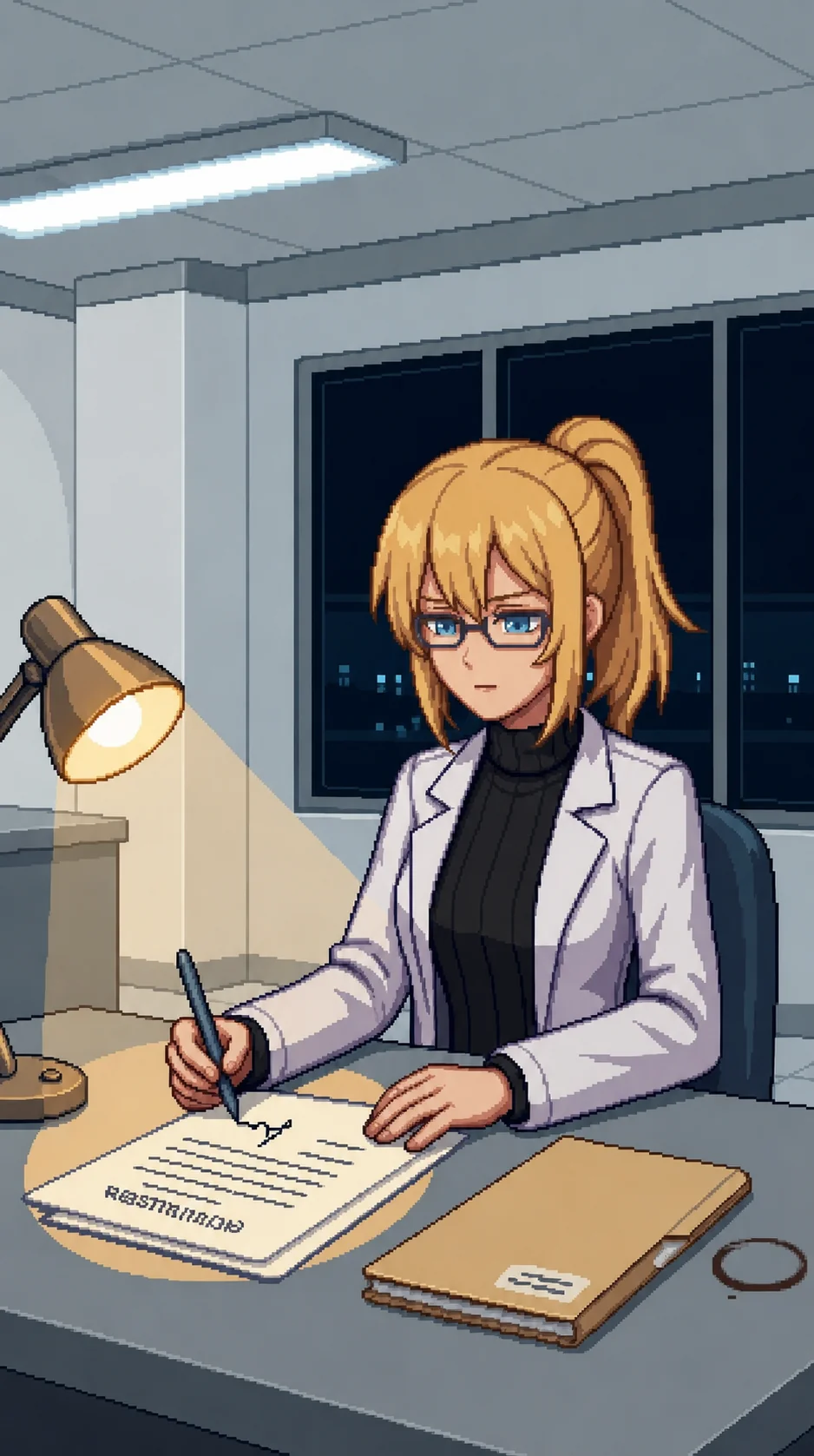 Erika at her desk late at night, having just signed the Phase 3 authorization form, the closed safety report and a cold coffee ring beside her hand