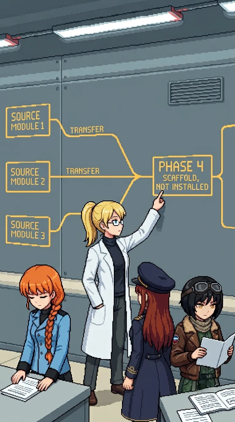 Erika in the framework transfer vault, pointing at the PHASE 4 SCAFFOLD node on the north wall diagram, with Katyusha, Nadeshiko, and Maria holding their documents