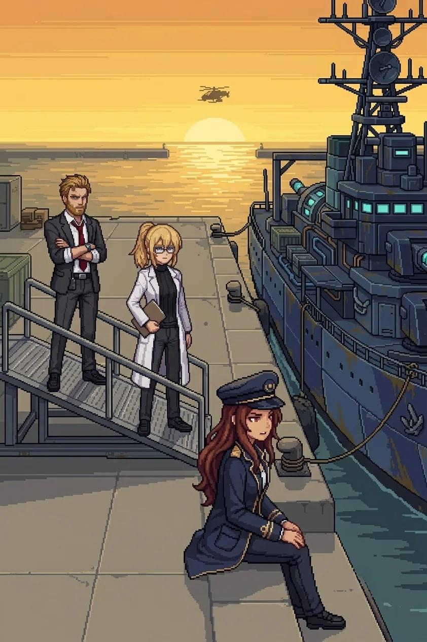 Erika on the waterfront dock ramp with a folder under her arm, Maria seated on the dock edge with hat pushed up, Wilhelm a step behind, and Nadeshiko's helicopter small against the golden western sky