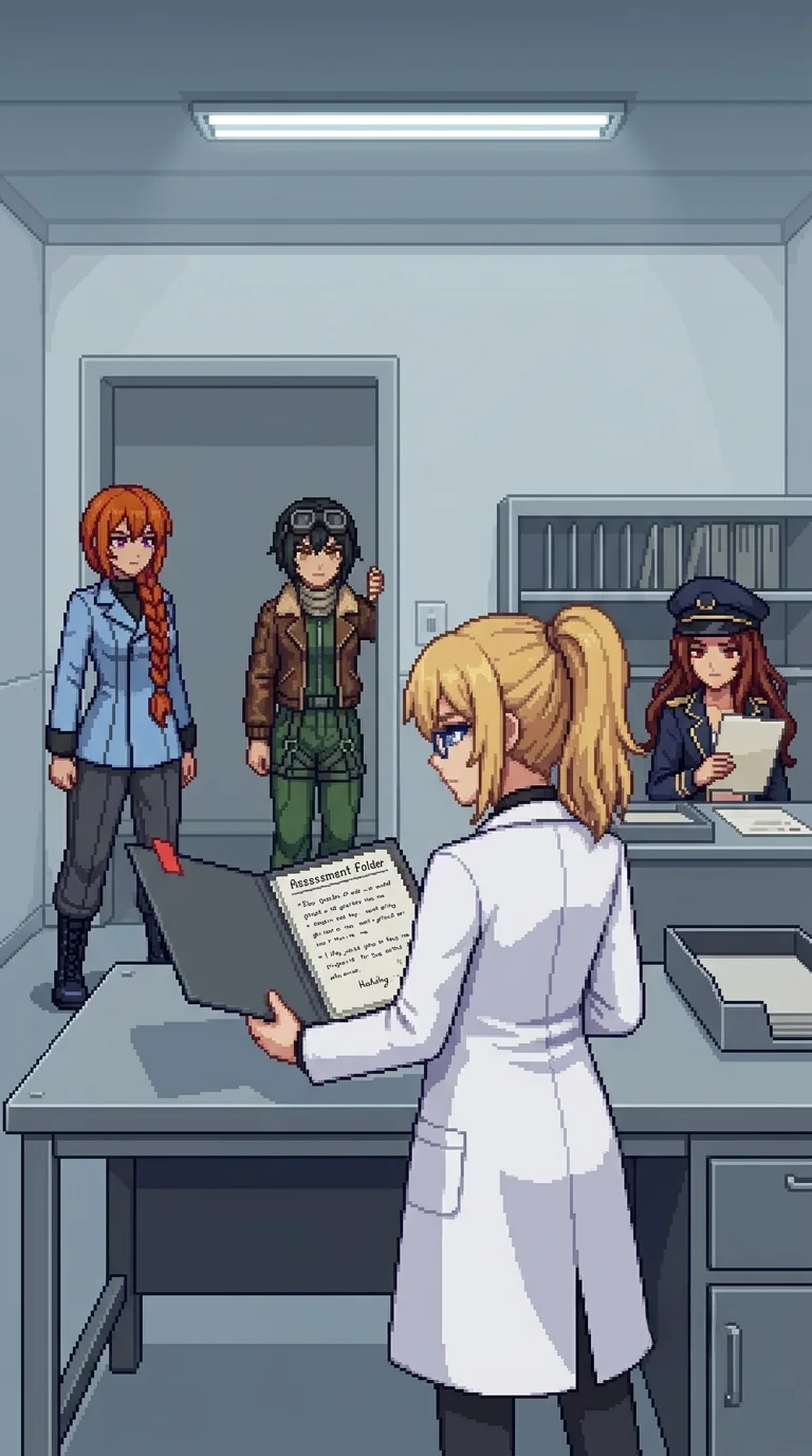 Erika at the desk in the Phase 3 review room, the assessment folder open with her own handwriting visible, Katyusha and Nadeshiko in the doorway, Maria across the room reading the response memo