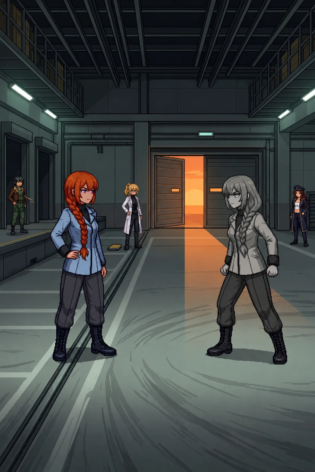 Two Katyushas face each other across the loading bay: Katyusha at the cargo rail line in cool emergency light, Alpha-Katyusha in the center with warm evening light behind her, neither moving