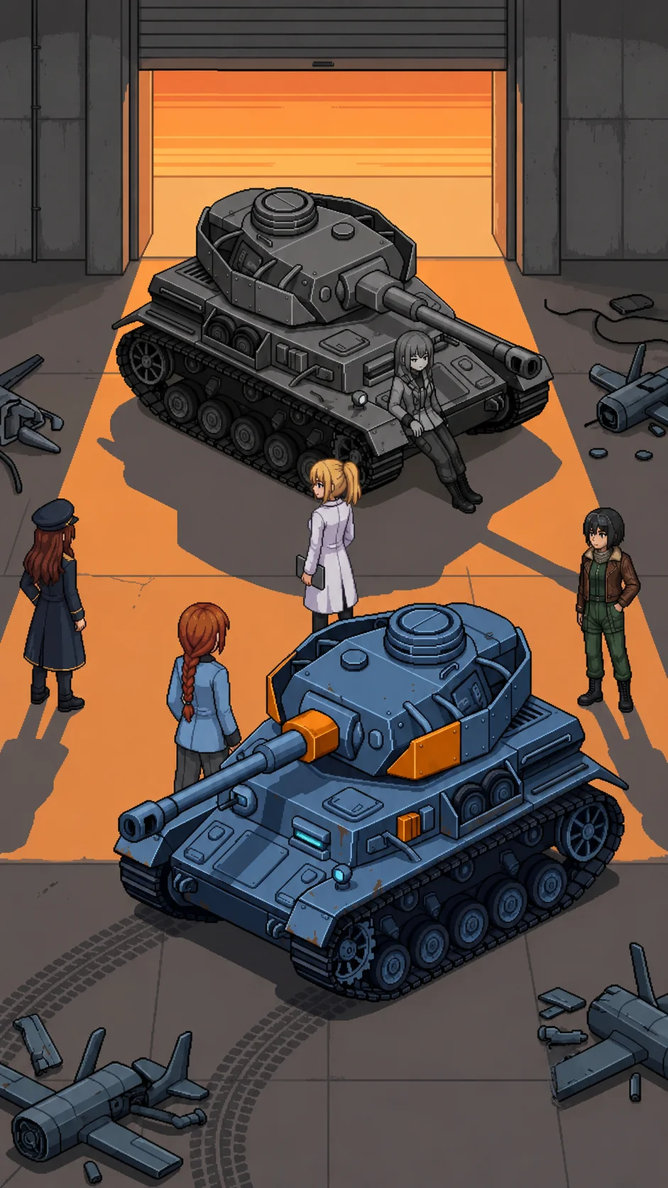 Alpha-Katyusha sits against the loading bay wall, weapons dark, composed even in defeat. Katyusha stands over her, posture contained, deciding how to file what just happened. Warm evening light through the bay doors falls across them both.