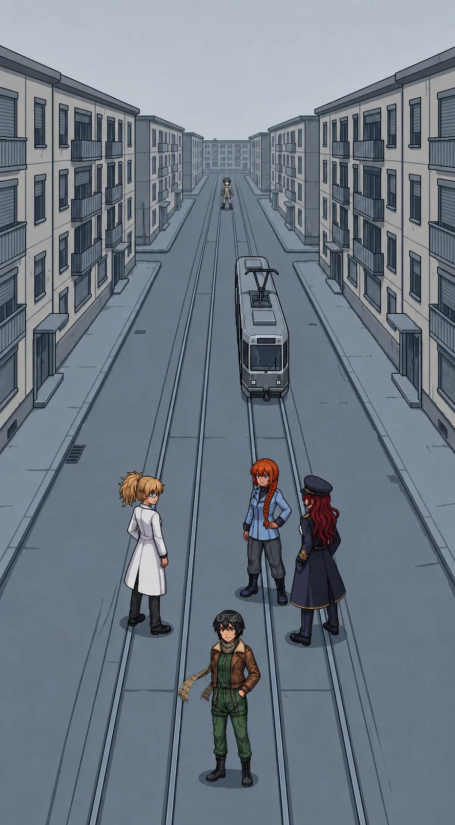 A grayscale figure moves door to door along the far end of an empty residential avenue, small against the distance, indifferent to the team watching. Nadeshiko stands slightly apart, certain of what she sees.