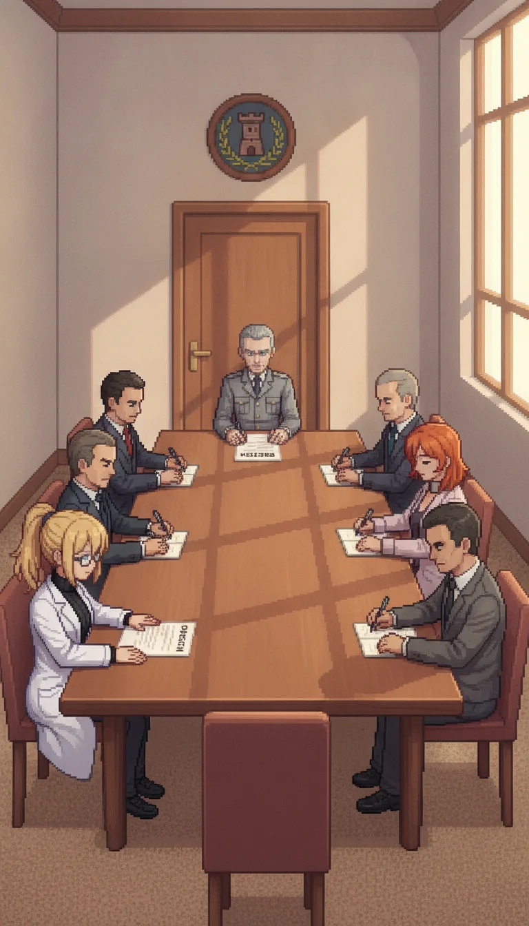 Erika seated across the table from Commandant Reiss during the oversight committee meeting, her objection dismissed, hands flat on a single sheet of paper