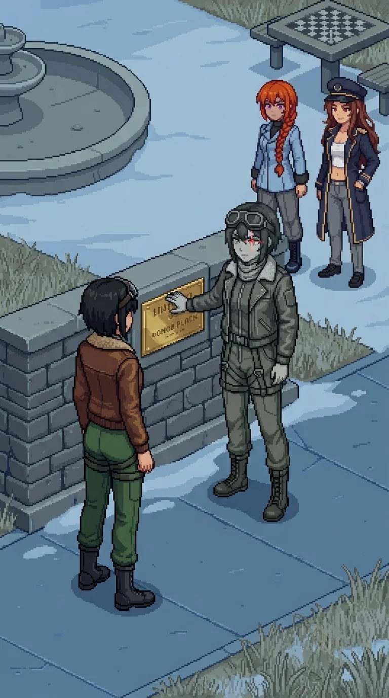 Nadeshiko standing before Alpha-Nadeshiko at the memorial garden's low wall, a moment after the confrontation's central line has landed