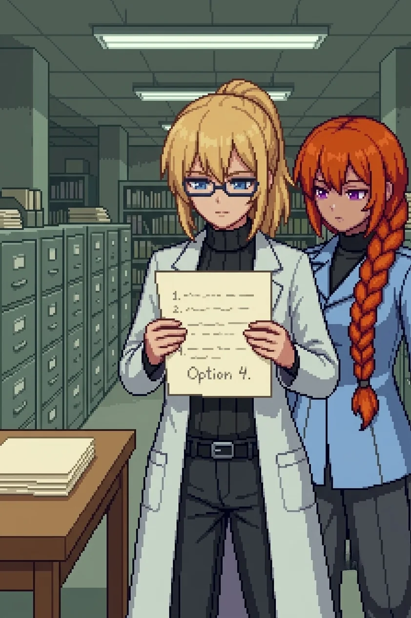 Erika holding the acceleration authorization's reverse side, the pencil-written Option 4 note visible, just after reading it. Katyusha stands behind her right shoulder, reading over her shoulder.