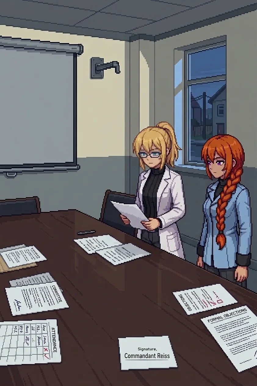 Erika reading the instrument of agreement in a civic conference room, Katyusha standing beside her watching her face rather than the page.