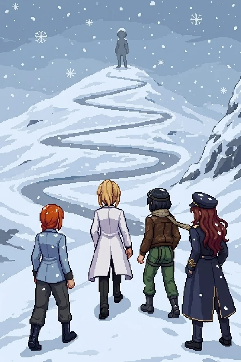 The team climbing a snowed switchback stairway in tight formation, Alpha-Nadeshiko's grayscale silhouette motionless at the top of the climb