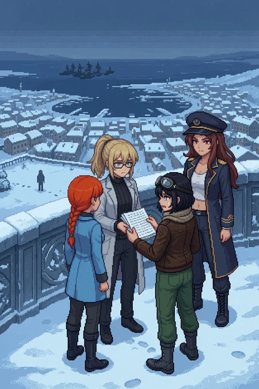 Erika holds the found list in both hands at the observation terrace rail after the fight, the space where Alpha-Nadeshiko stood empty, snow falling