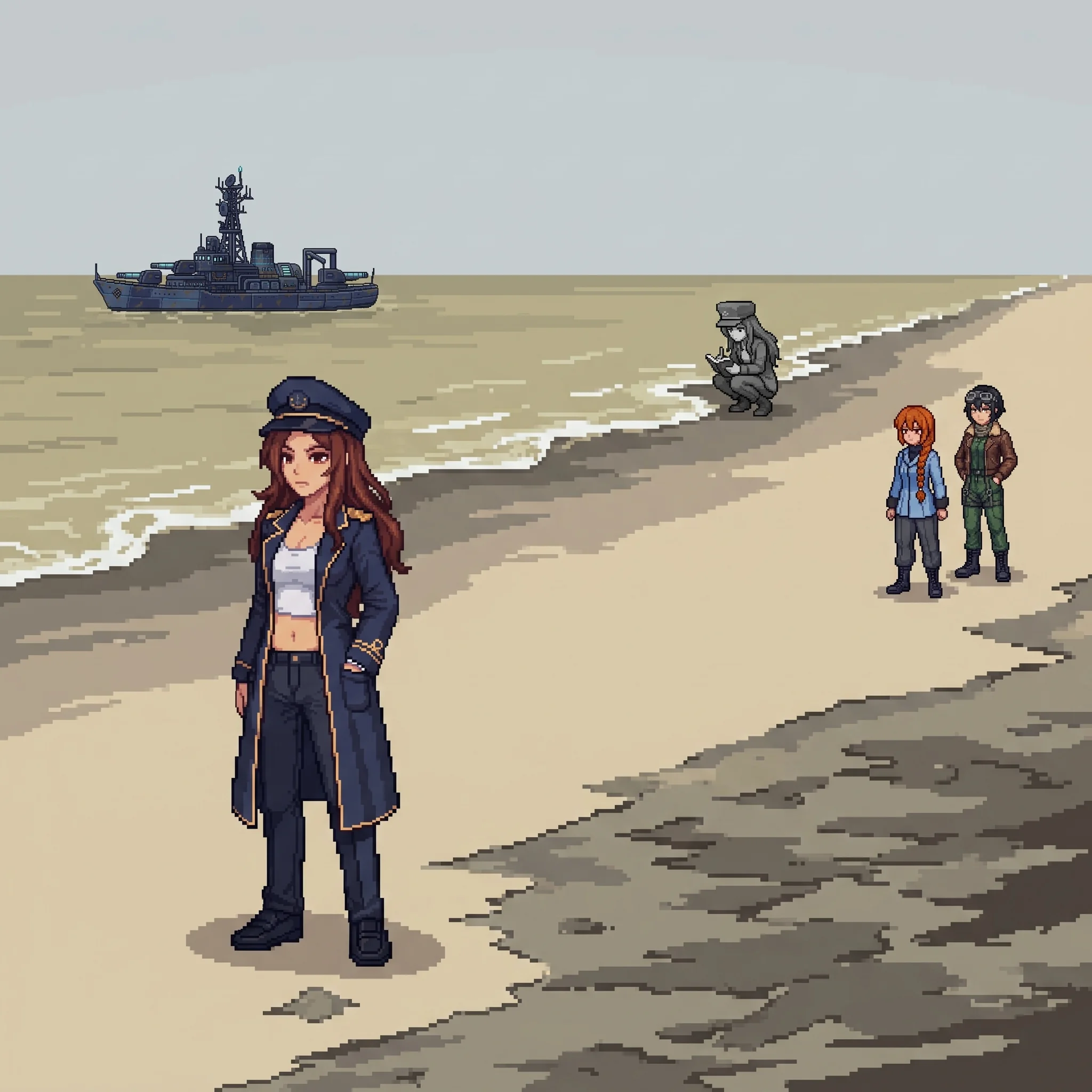 Maria at the edge of the dead western coast, hat pushed back, reading the poisoned water, Alpha-Maria a greyscale figure crouched and logging along the tide-line in the distance