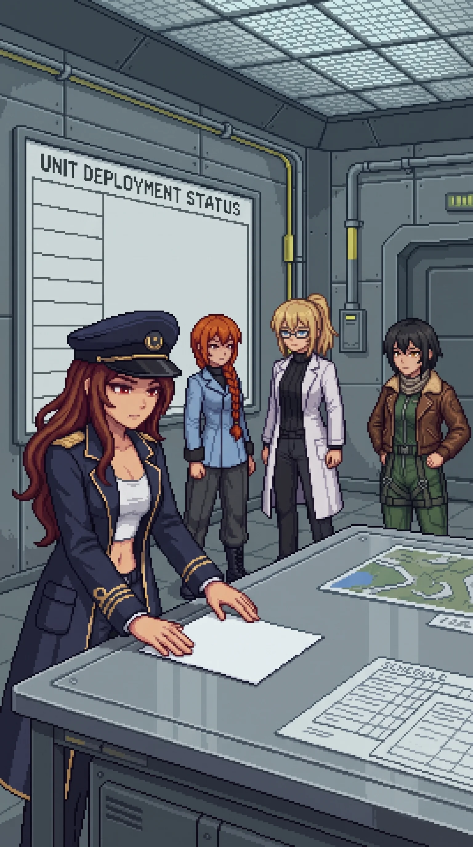 Maria setting the prepared deployment order down flat on the clean surface in the sealed command room, both hands on the paper, the blank status board on the wall behind her, the team standing still around the surface