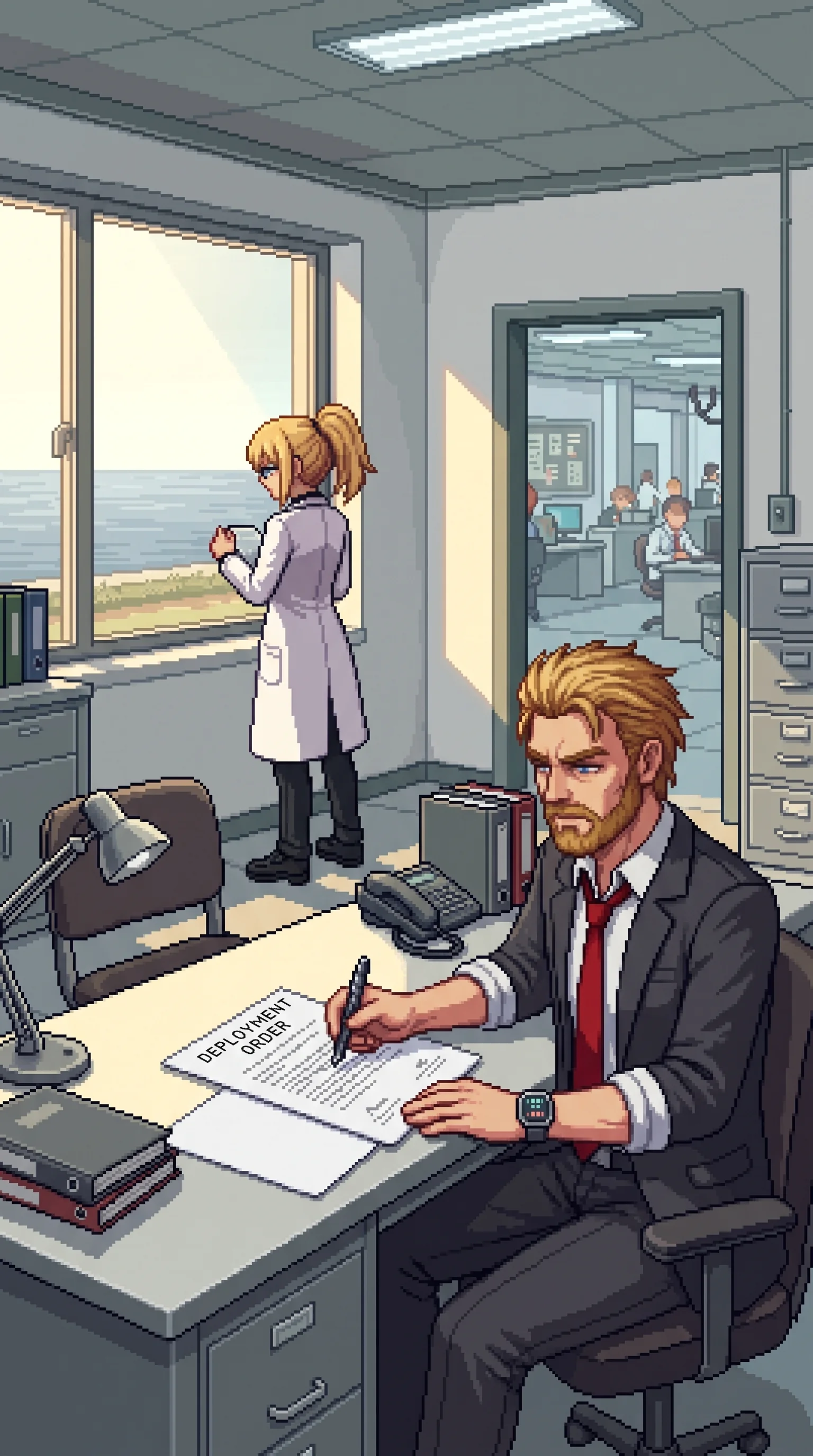 Wilhelm at his desk in the western facility office holding an uncapped pen above the typed deployment order, Erika behind him at the window with the sea flat and empty to the horizon beyond the glass