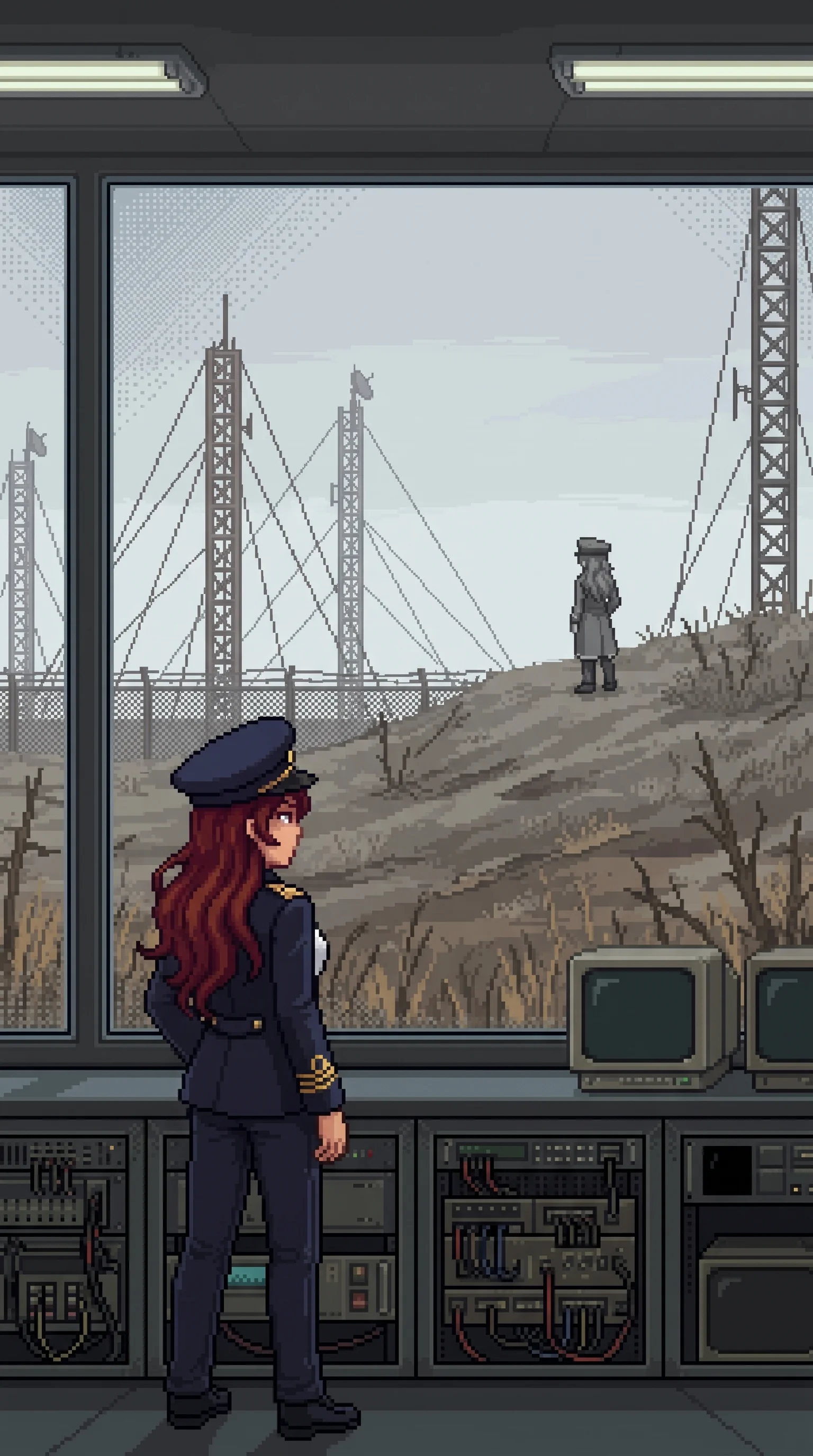 Maria at the observation window of the communications array, watching the greyscale figure of Alpha-Maria standing still on the higher ground beyond the field, facing away toward where the signal came from