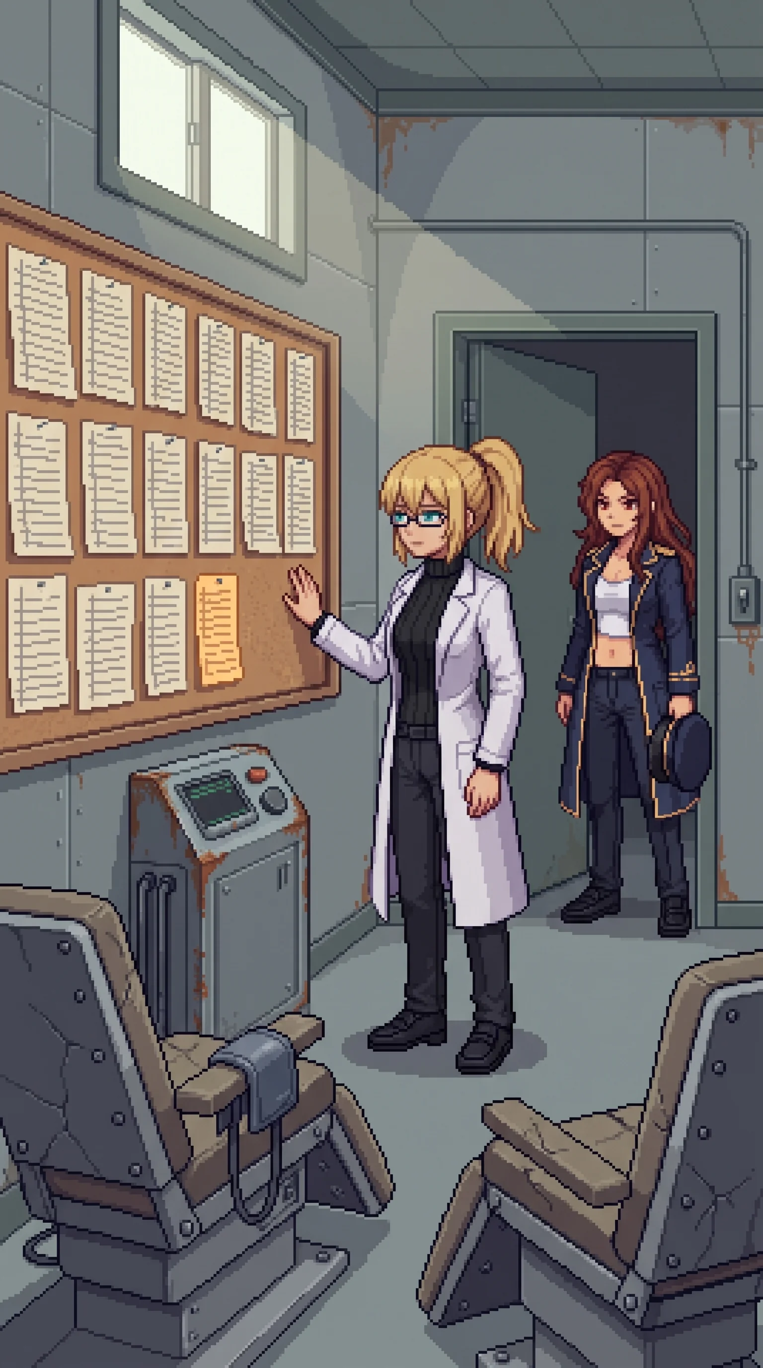 Erika standing before the corkboard of hand-ruled session logs in the abandoned controlled-exposure suite, one hand raised toward the chart but not touching it, Maria standing in the doorway behind her with her captain's hat held at her side