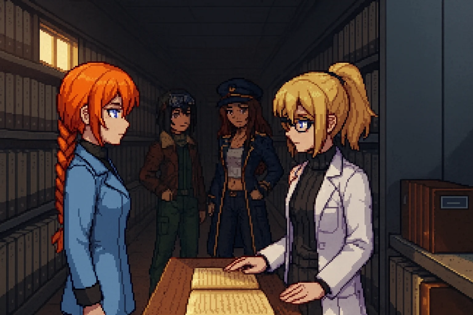 Katyusha standing before Erika in a long institutional documentation room, hands empty at her sides, precise and formal as she delivers her disclosure, her orange side-braid and sky blue jacket the one strong color against rows of grey shelving; Erika, blonde ponytail and glasses, stands controlled and still at an open folder; Maria watches from a reading shelf in the middle distance, Nadeshiko further back between the shelves, late-afternoon light low through high small windows