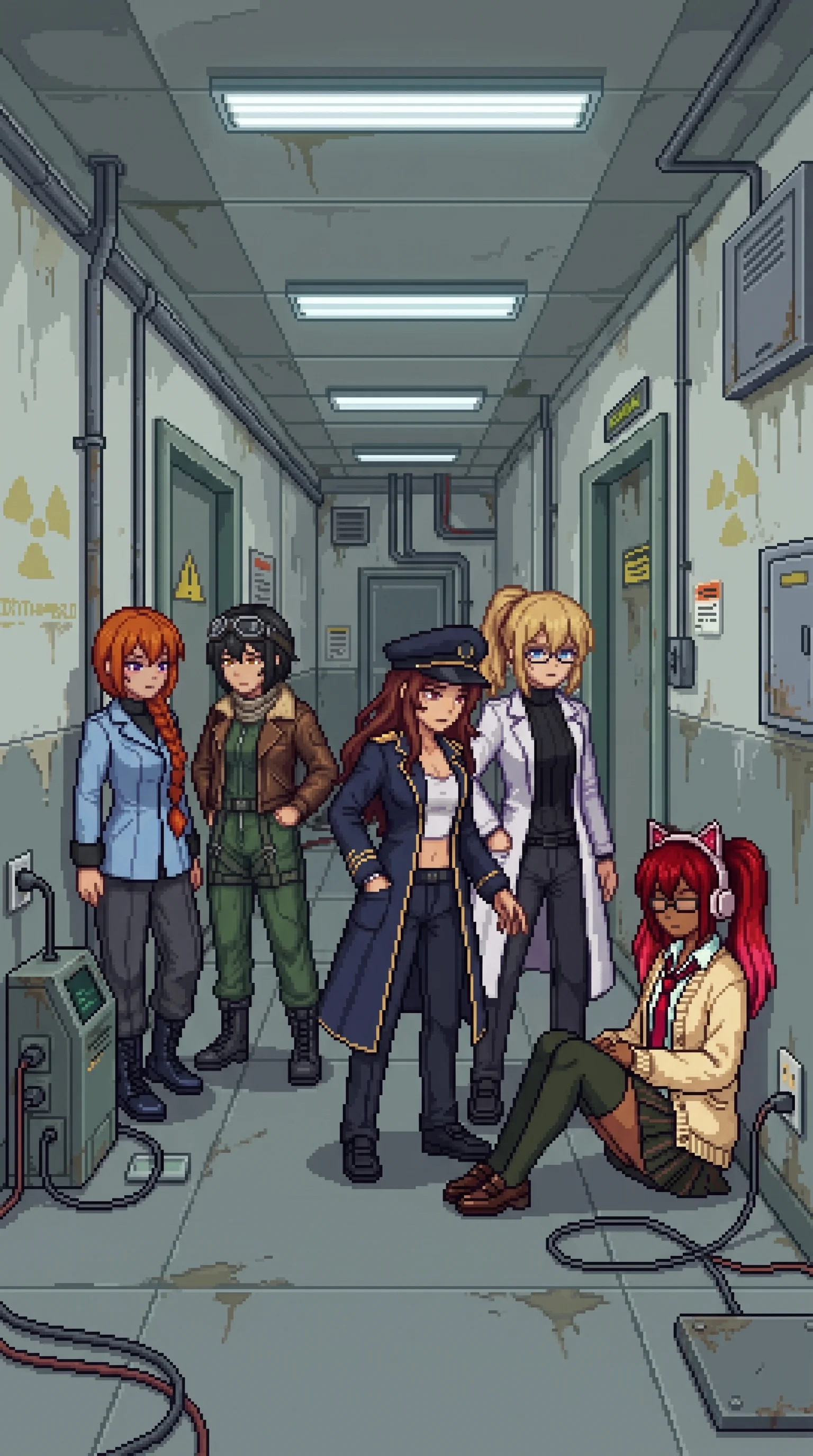 Drona seated upright and powered down against the wall of a corroded administrative section, connected by an improvised cable to a jury-rigged power draw, the earpieces of her cat-ear headphones dark and unlit, the red gone out; Maria stands closest in her tilted cap, having been the first to move toward her; Erika, blonde ponytail and glasses, lab coat receded into the industrial grey, watches without approaching; Katyusha and Nadeshiko present with their units charging on nearby working sockets, a faint indicator on the charging rig the only warm point