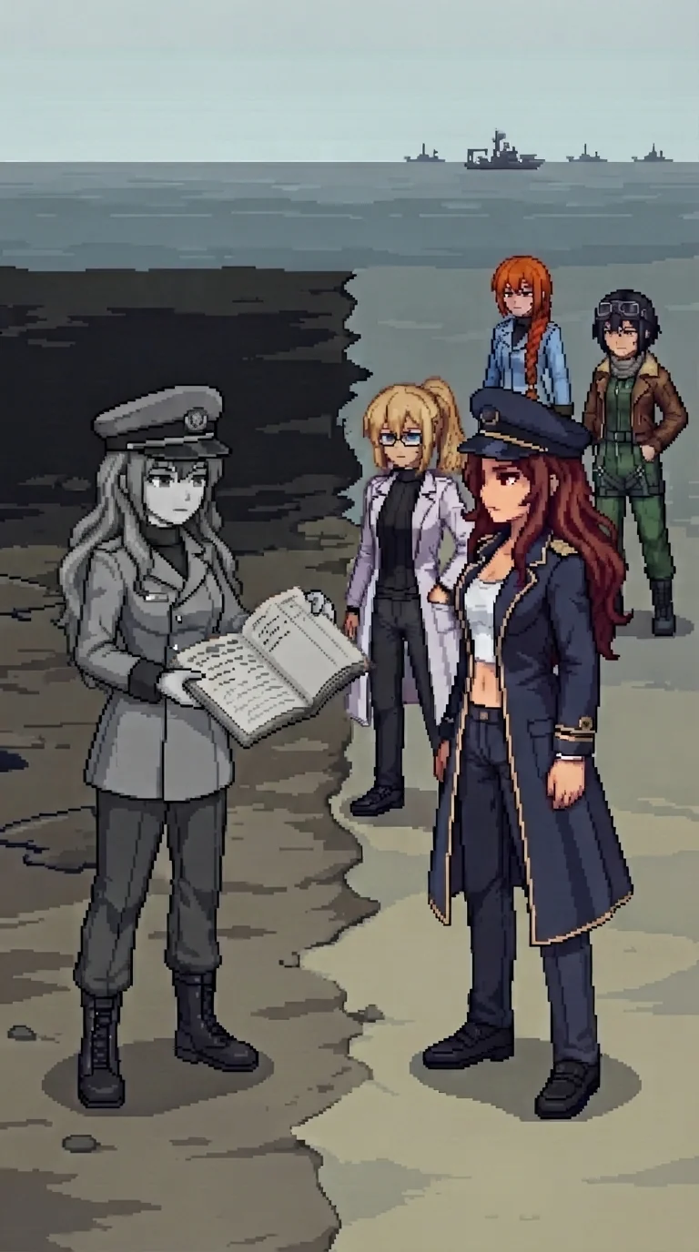Alpha-Maria standing exactly on the boundary line between the grey-brown contamination zone and the cleared air in failing late-evening light, rendered fully greyscale with a naval cap worn level and square and nothing performing in her face, delivering her spread record; Maria facing her across the line in navy officer's jacket with her cap at its usual lazy tilt, closed and still; Erika, blonde ponytail and glasses, in her lab coat on the lower ground behind Maria with nothing in her hands, watching; Katyusha and Nadeshiko present at the boundary; the Empire's fleet small with distance on the southern horizon