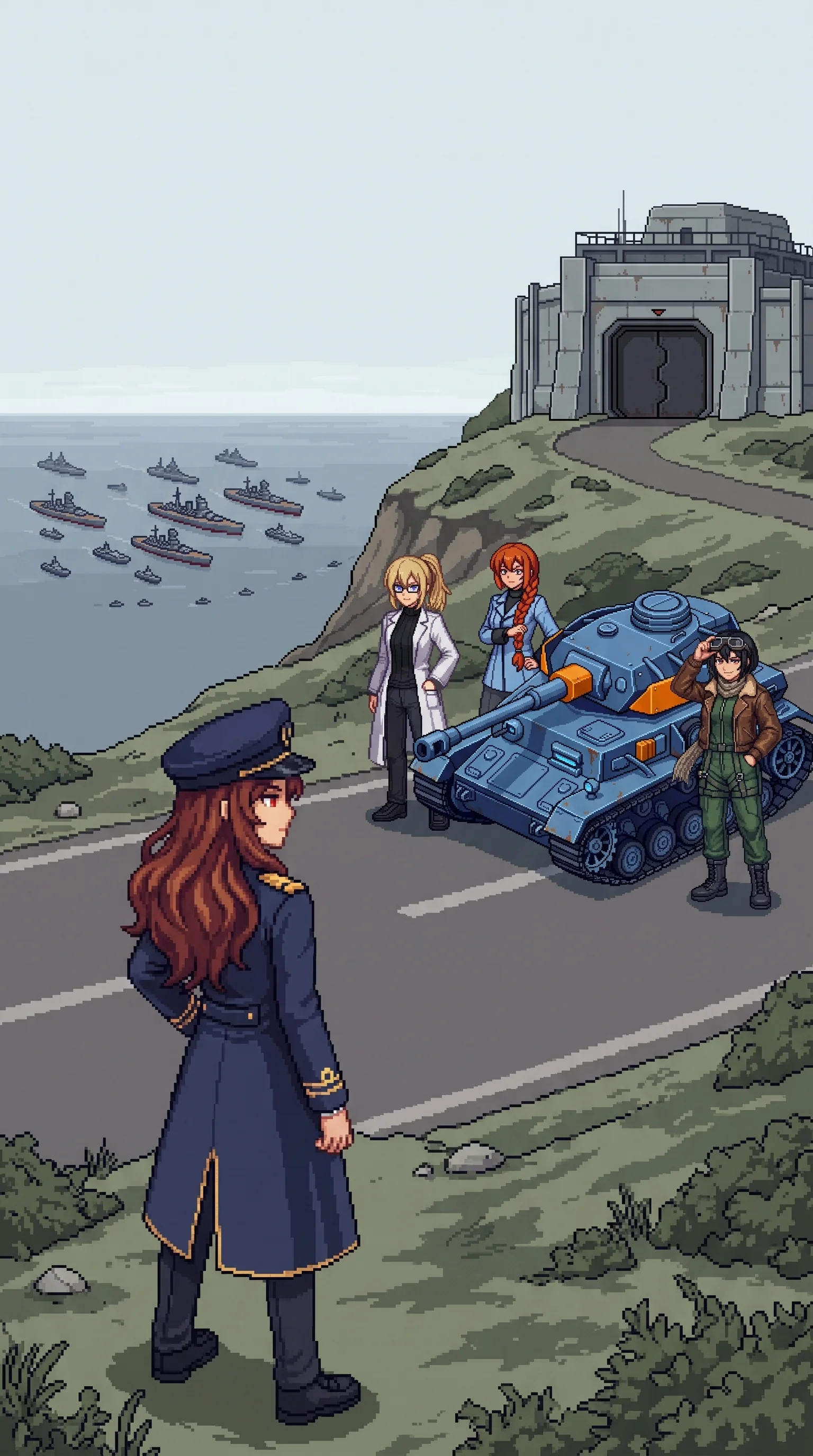 The elevated overlook at the island's crown with the intact research complex behind and the Empire's fleet holding position on the grey sea below, Maria standing a little apart with her face plain and still after reading the fleet formation, Erika in her white lab coat the brightest object in frame, Katyusha near her tank, Nadeshiko just down from the air; late morning under flat open overcast, grey-green highland scrub and a maintained road