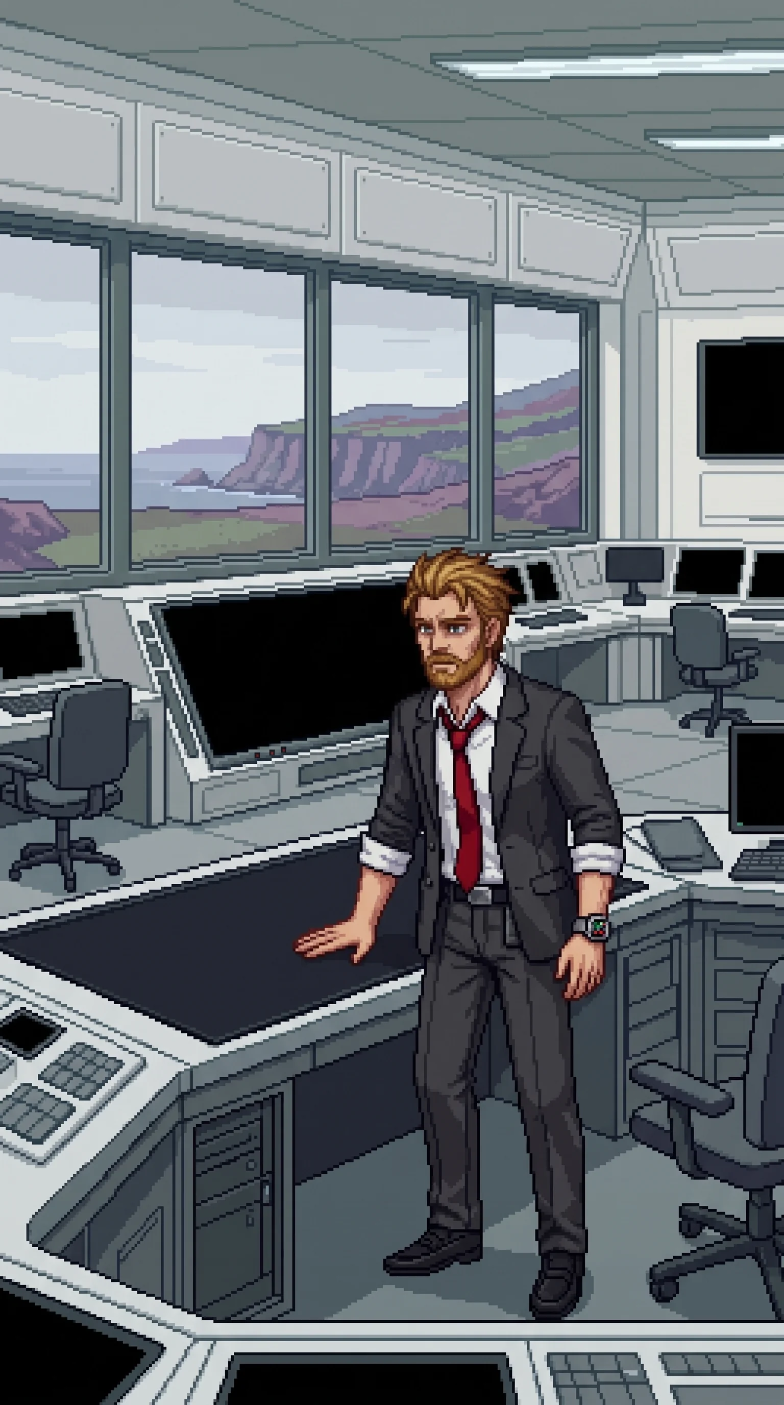 Wilhelm alone in the central operations room in pale early light just after the reset, one hand flat on the desk steadying himself, disheveled in his charcoal grey suit with the red tie loosened, his expression lucid and broken and held under control; behind him the large Oracle console face entirely dark and unlit, long windows on the island's center under a flat unmoving overcast with the first wrong discoloration at the far edges