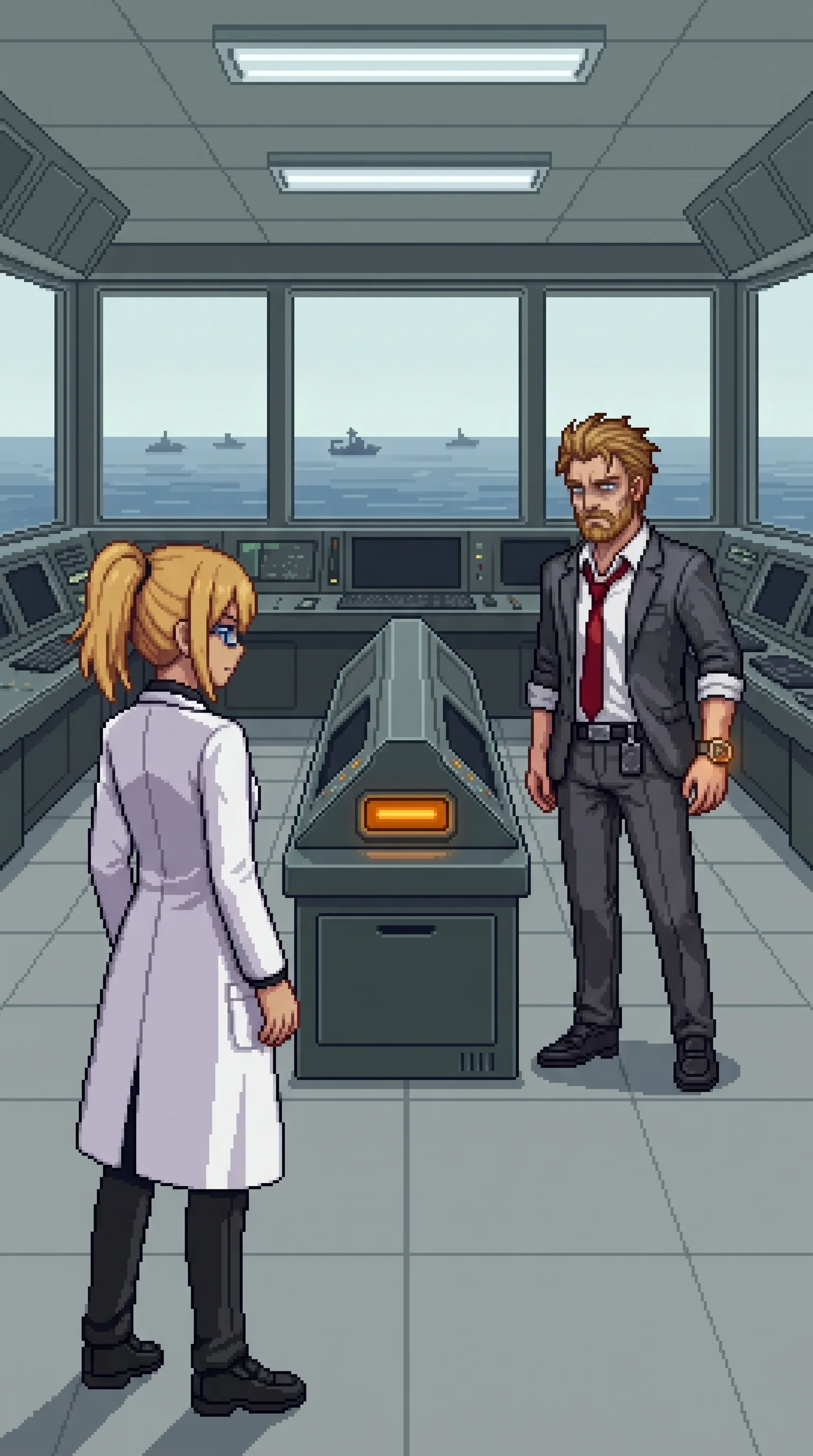 Wilhelm and Erika facing each other across the central operations room of the research complex, his dark grey suit pale at every crease with the red tie loosened past holding a knot and exhaustion plain on him up close, her lab coat restored to full brightness, hands loose at her sides; between them the dormant Oracle console glowing a low warm amber, faintly echoed in his smartwatch; consoles along two walls, windows behind him with the Empire fleet holding position on the water, the intact maintained room in midday light