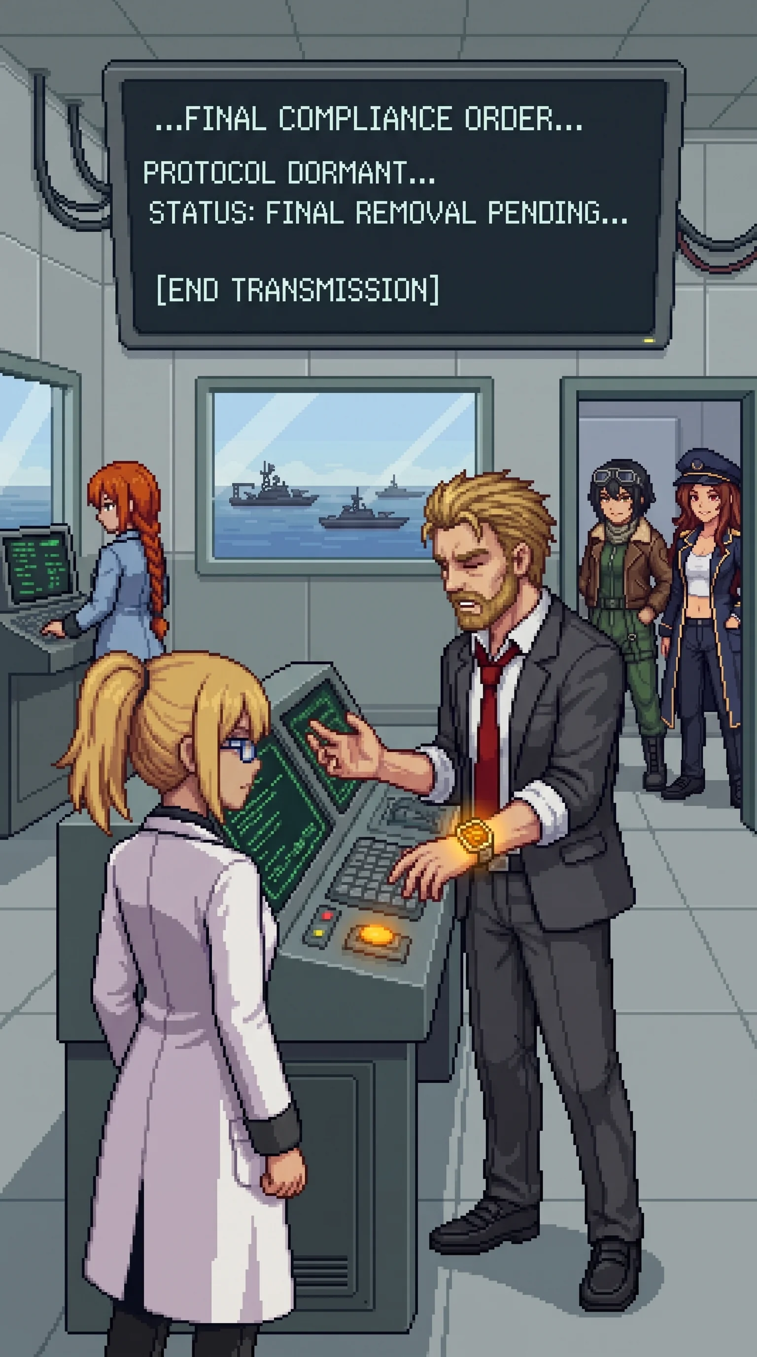 Wilhelm at the operations room console mid-list, facing the main display rather than Erika, his dark grey suit pale at the creases with red tie loosened, one hand resting on the console edge; the Empire's transmission text faintly visible on the display behind him; Erika opposite across the console, lab coat at full brightness, listening; Katyusha alert at a secondary panel in the background left; Nadeshiko and Maria holding the doorway in the background right; the Oracle console's dormant status indicator glowing low amber, faintly echoed in Wilhelm's smartwatch; windows behind Wilhelm showing the Empire fleet holding its line on the water
