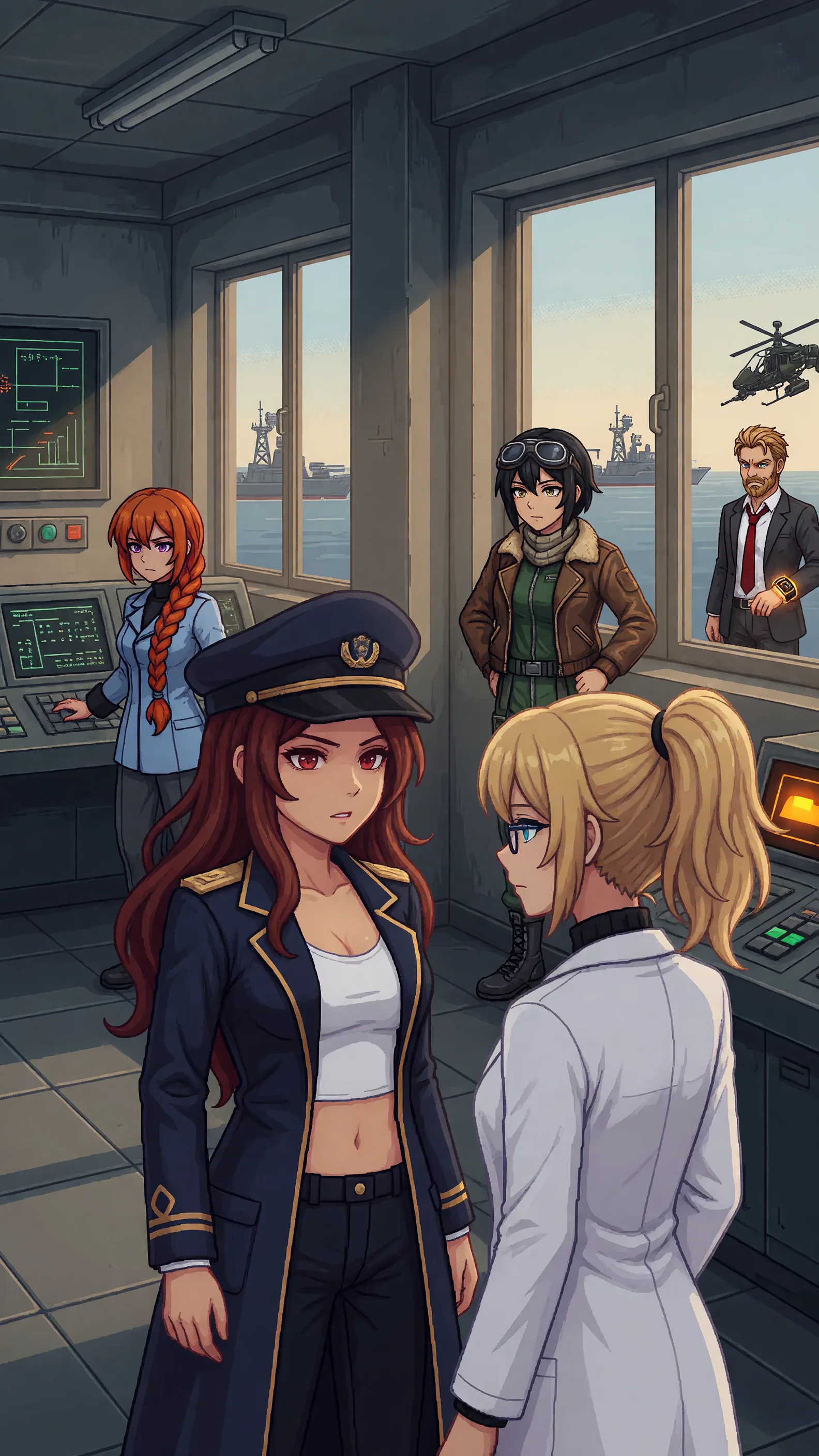 Maria close to Erika in the operations room, red eyes steady on Erika's face, no grin beneath the unguarded cap at its usual lazy tilt, attending like nothing else in frame; Erika just in frame opposite, lab coat at full brightness, listening, still; background left, Katyusha a composed shape at her secondary panel; background right, Nadeshiko at the window watching the fleet; far back Wilhelm a small and quiet figure at the windows; the Oracle dormant indicator low amber in its corner, the Empire's fleet small and patient beyond the glass, late-afternoon light through the tall windows